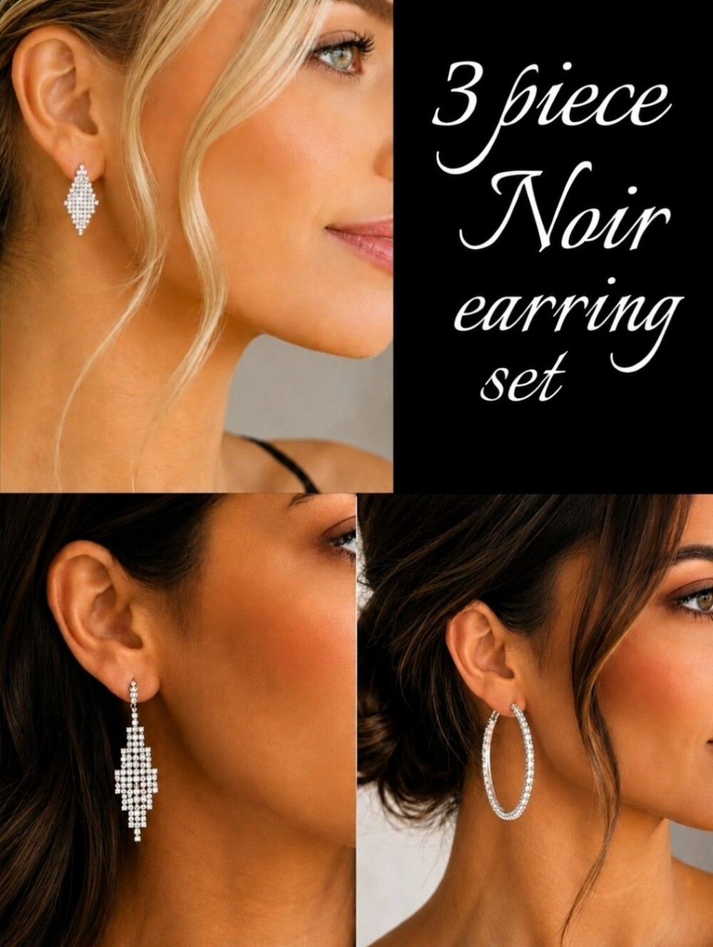 NWT nOir Jewelry Handmade 3 Piece Rhinestone Earring Set $168 Retail Value
